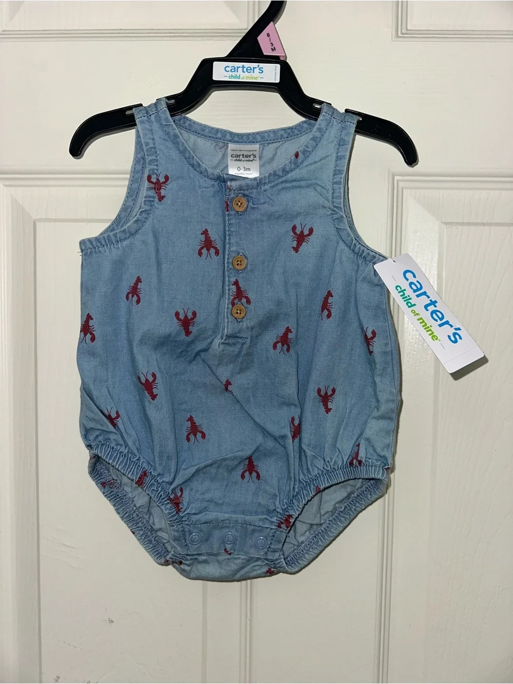 Carter's Light Blue Chambray Romper with Red Lobster Motif